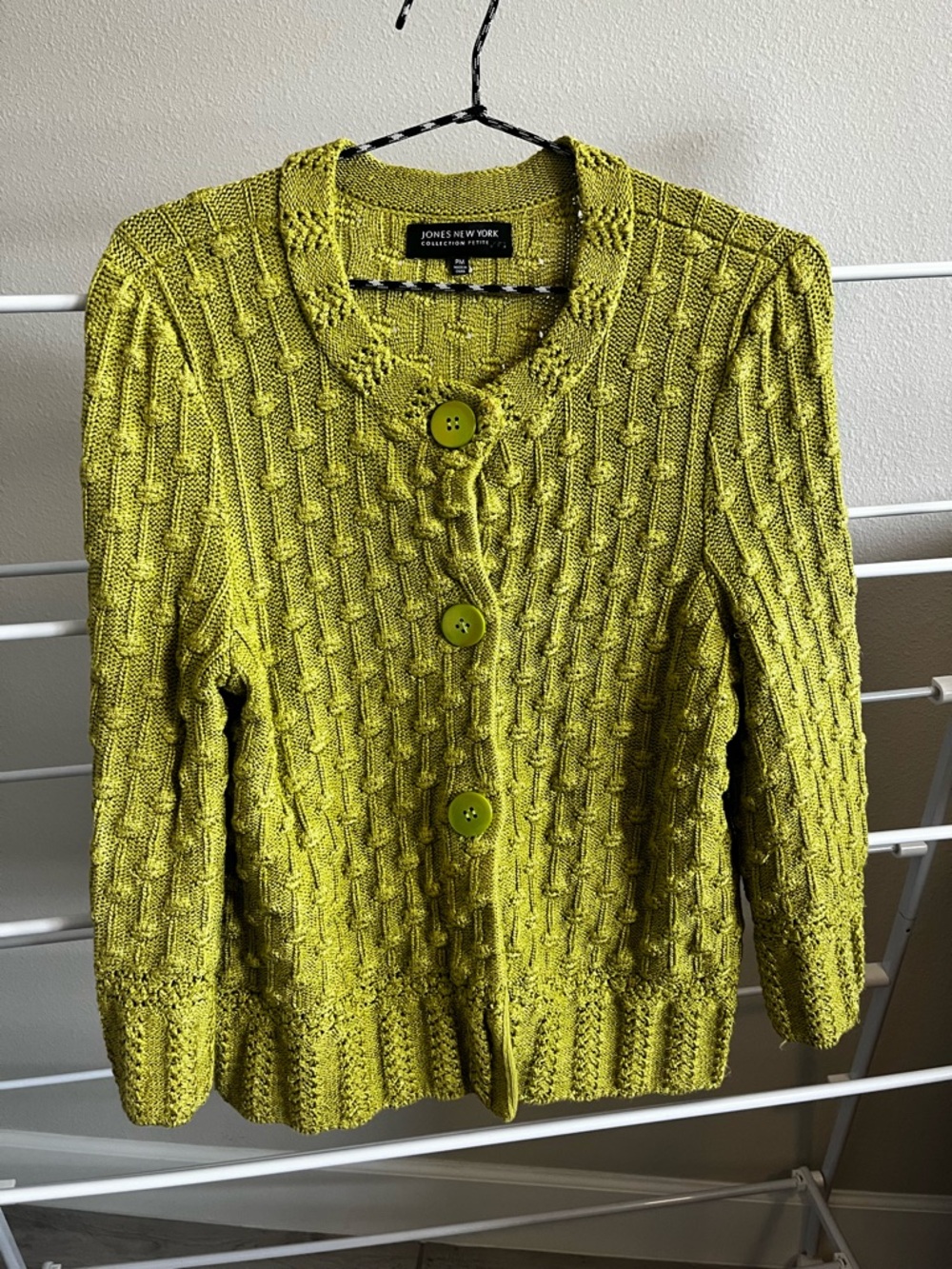 Jones New York Bright Lime Green Cable Knit Button-Up Cardigan